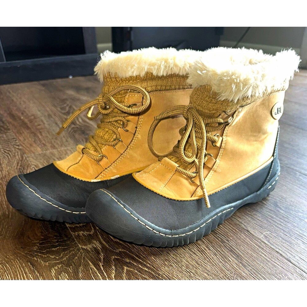 JBU Jane Ankle Bootie Tan/Black Polyurethane Lace-Up Fur Lined US 9M